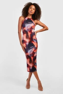 Tall - Robe Moulante Soyeuse à Imprimé Abstrait -BOOHO Kleidung Magasin gzz31890 orange xl 2