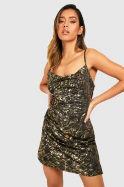 Robe Métallisée à Col Bénitier Et Imprimé Serpent -BOOHO Kleidung Magasin gzz32743 bronze xl 2