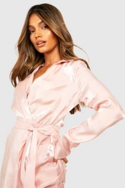 Robe Chemise Satinée Brillante à Ceinture -BOOHO Kleidung Magasin gzz32866 blush xl 2
