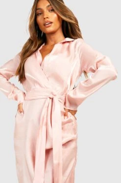 Robe Chemise Satinée Brillante à Ceinture -BOOHO Kleidung Magasin gzz32866 blush xl 3