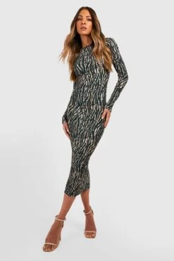 Robe Mi-longue Plissée à Manches Longues Et Imprimé Zèbre