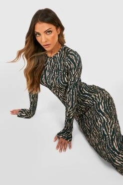 Robe Mi-longue Plissée à Manches Longues Et Imprimé Zèbre -BOOHO Kleidung Magasin gzz32884 black xl 2