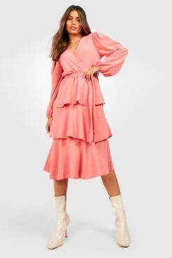 Robe Patineuse Froncée à Volants Et Manches Longues -BOOHO Kleidung Magasin gzz33137 rose xl 2