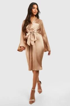 Robe Mi-longue Nouée Satinée à Manches Larges -BOOHO Kleidung Magasin gzz33482 champagne xl 2