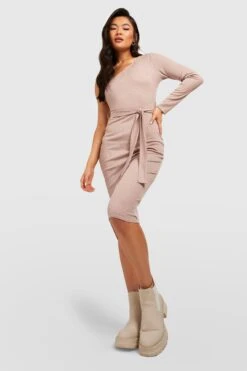 Robe Mi-longue Côtelée Asymétrique à Ceinture