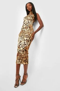 Robe Longue Soyeuse à Col Montant Et Imprimé Animal