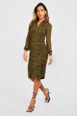 Robe Chemise En Mesh Froncée -BOOHO Kleidung Magasin gzz34629 khaki xl 2