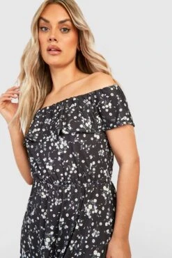 Grande Taille - Robe Longue Fleurie à Col Bateau Et Volants -BOOHO Kleidung Magasin gzz35446 black xl 2