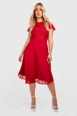 Grande Taille - Robe Patineuse En Dentelle à Manches Volantées -BOOHO Kleidung Magasin gzz35695 berry xl 2