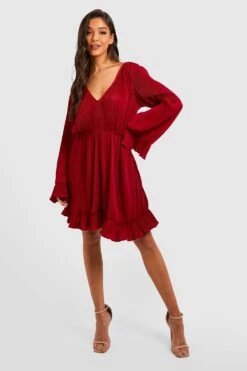 Robe Babydoll Plissée à Col V -BOOHO Kleidung Magasin gzz37304 berry xl 2
