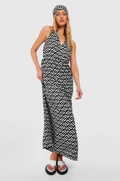 Tall - Ensemble à Imprimé Géométrique Avec Robe Longue Et Foulard -BOOHO Kleidung Magasin gzz37479 ivory xl 2