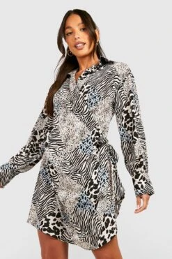 BOOHOO Tall - Robe Chemise Nouée à Imprimé Animal