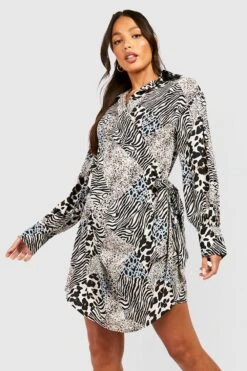 BOOHOO Tall - Robe Chemise Nouée à Imprimé Animal -BOOHO Kleidung Magasin gzz37502 black xl 2