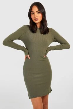 Robe Côtelée Fendue à Manches Longues