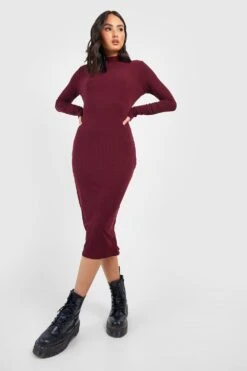 Robe Mi-longue à Col Montant Et Manches Longues -BOOHO Kleidung Magasin gzz37921 berry xl 2
