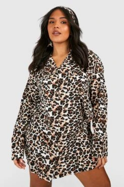 BOOHOO Grande Taille - Ensemble à Imprimé Léopard Avec Robe Chemise Et Foulard