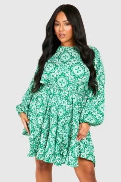 Grande Taille - Robe Imprimée à Volants -BOOHO Kleidung Magasin gzz38088 green xl 2