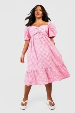 Grande Taille - Robe Mi-longue Brodée à Imprimé Vichy -BOOHO Kleidung Magasin gzz38096 pink xl 2