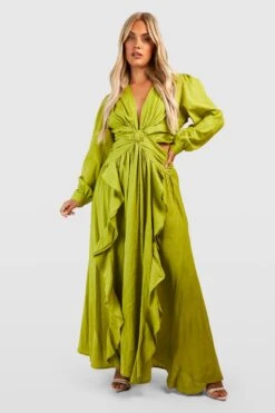 Grande Taille - Robe Longue En Lin à Découpes Et Volants -BOOHO Kleidung Magasin gzz38113 olive xl 2