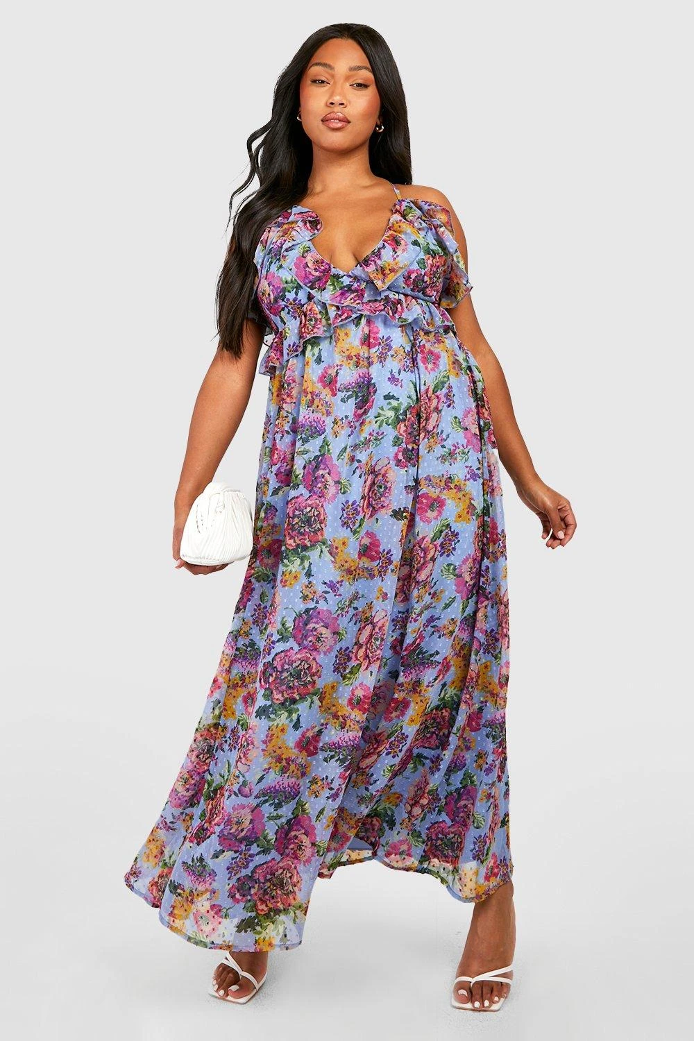 Grande Taille - Robe Longue Fleurie En Plumetis à Volants 3 Grande Taille - Robe Longue Fleurie En Plumetis à Volants