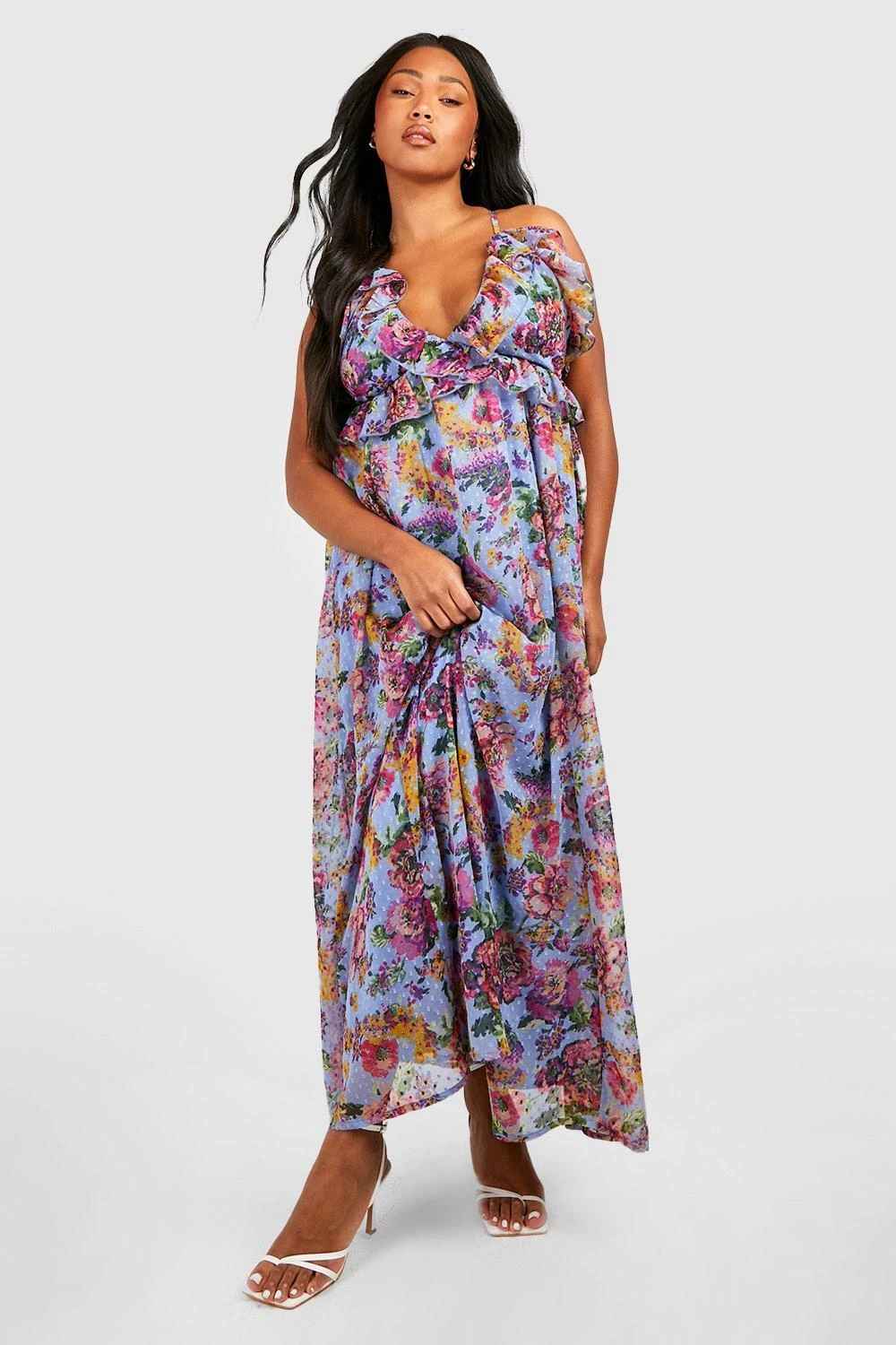 Grande Taille - Robe Longue Fleurie En Plumetis à Volants 5 Grande Taille - Robe Longue Fleurie En Plumetis à Volants – Image 3