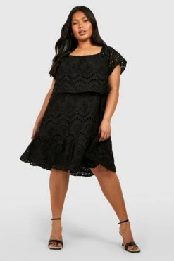 Grande Taille - Robe Courte En Broderie Anglaise à Col Bateau -BOOHO Kleidung Magasin gzz38426 black xl 2