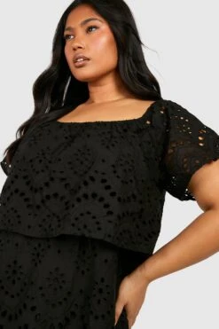 Grande Taille - Robe Courte En Broderie Anglaise à Col Bateau -BOOHO Kleidung Magasin gzz38426 black xl 3