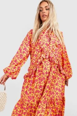 Grande Taille - Robe Mi-longue Fleurie à Volants -BOOHO Kleidung Magasin gzz38601 yellow xl 2