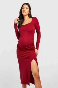 Maternité - Robe De Grossesse Côtelée Fendue -BOOHO Kleidung Magasin gzz39709 wine xl 2
