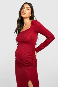 Maternité - Robe De Grossesse Côtelée Fendue -BOOHO Kleidung Magasin gzz39709 wine xl 3