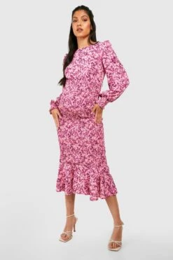 Maternité - Robe De Grossesse Mi-longue Froncée Fleurie -BOOHO Kleidung Magasin gzz39966 pink xl 2