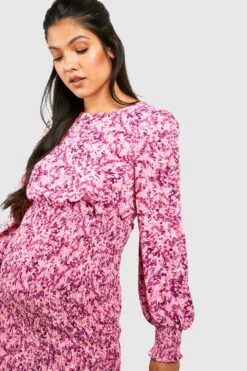 Maternité - Robe De Grossesse Mi-longue Froncée Fleurie -BOOHO Kleidung Magasin gzz39966 pink xl 3