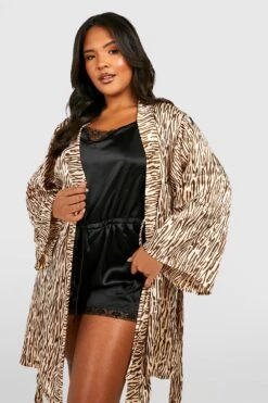 Grande Taille - Robe De Chambre Satinée à Imprimé Zèbre