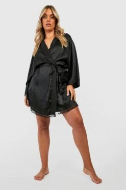 Grande Taille - Robe De Chambre Satinée Style Kimono -BOOHO Kleidung Magasin gzz40086 black xl 2