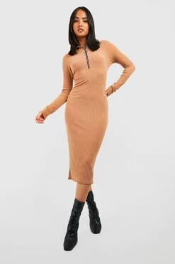 Robe Mi-longue Côtelée Zippée à Manches Longues