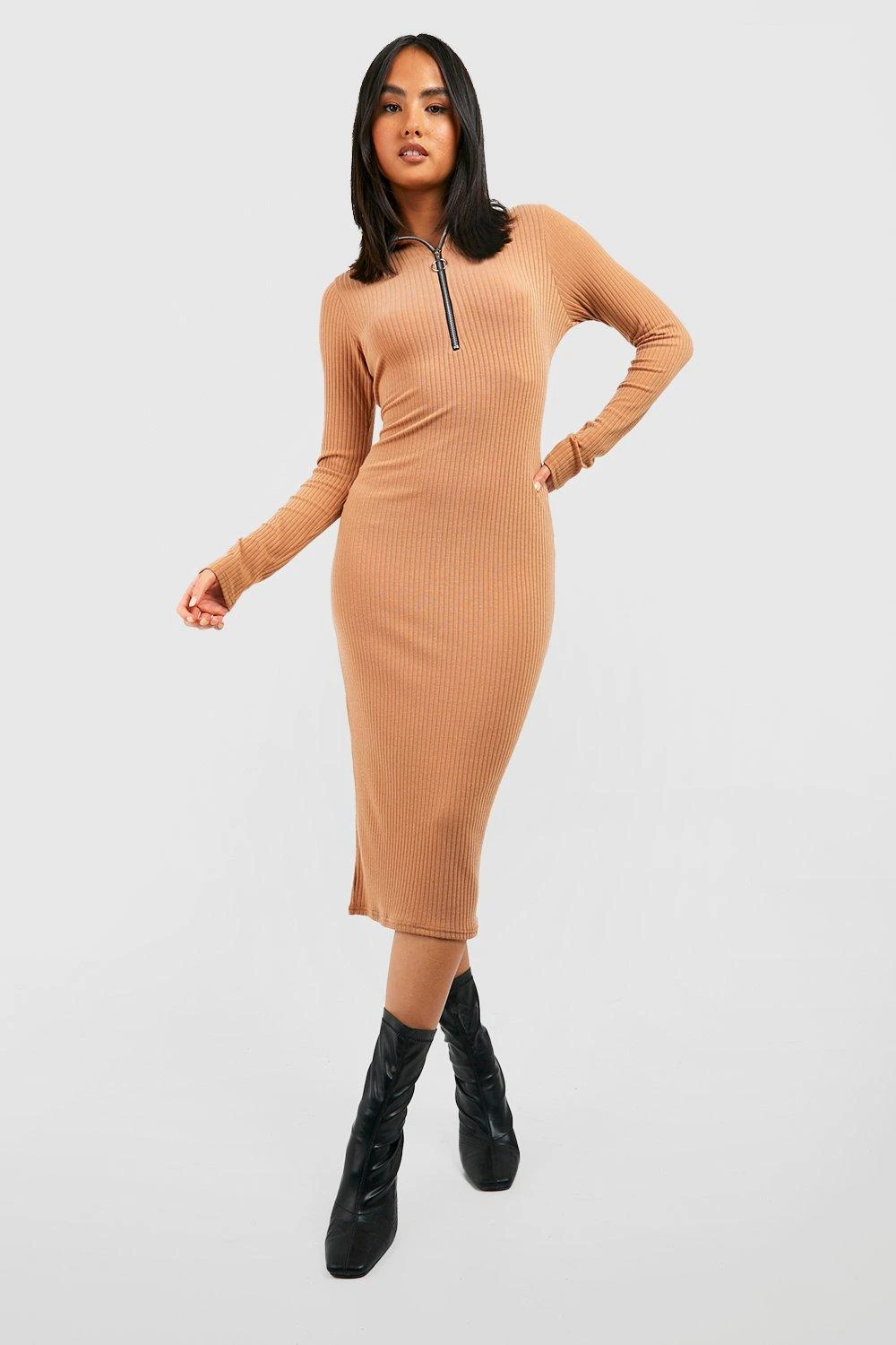 Robe Mi-longue Côtelée Zippée à Manches Longues 3 Robe Mi-longue Côtelée Zippée à Manches Longues