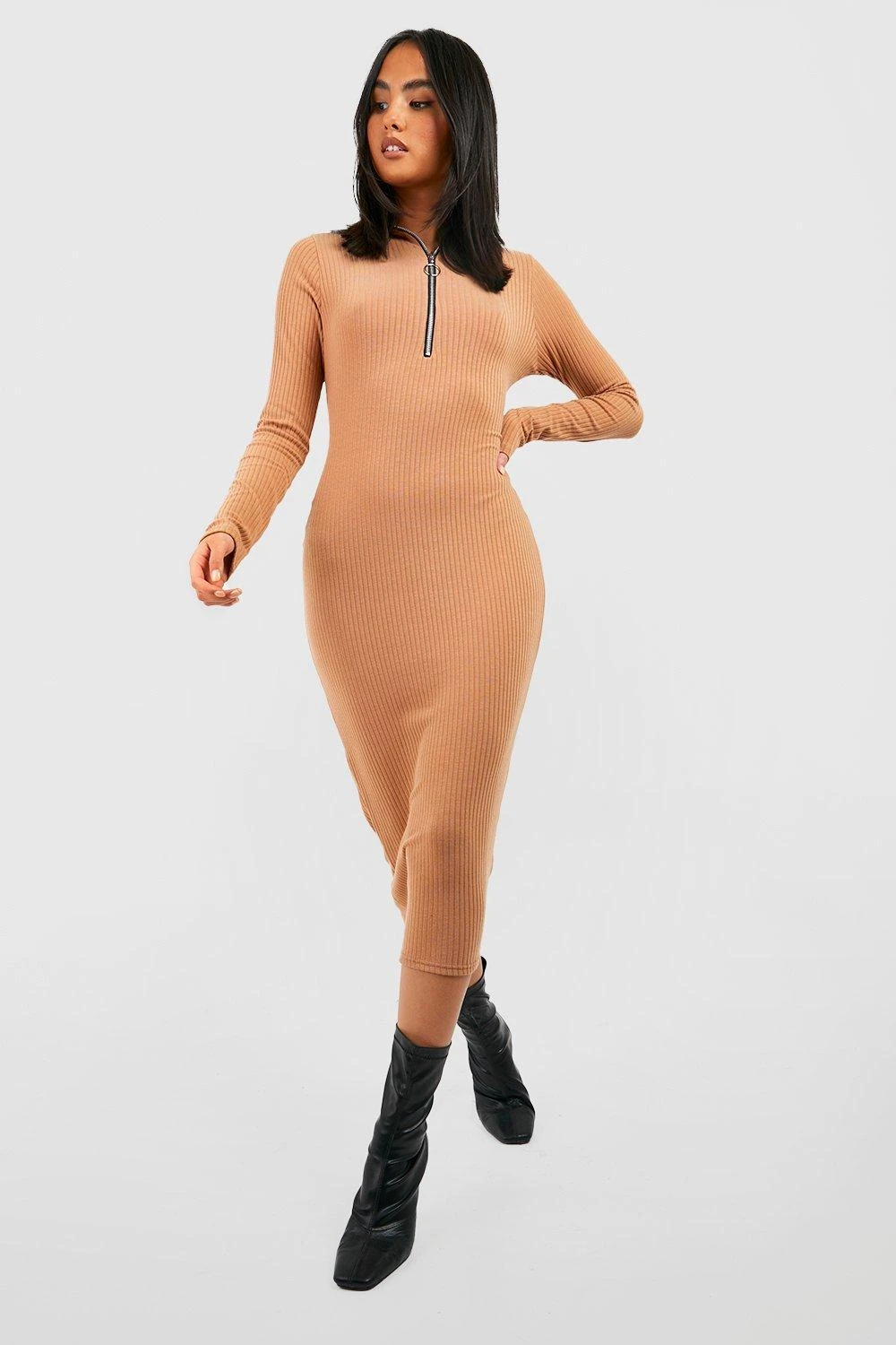 Robe Mi-longue Côtelée Zippée à Manches Longues 5 Robe Mi-longue Côtelée Zippée à Manches Longues – Image 3