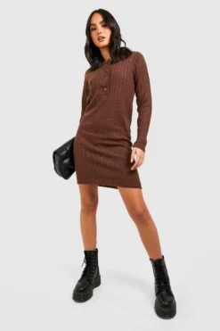 Robe Courte Côtelée à Col à Revers 8 Robe Courte Côtelée à Col à Revers -BOOHO Kleidung Magasin gzz40326 brown xl 2