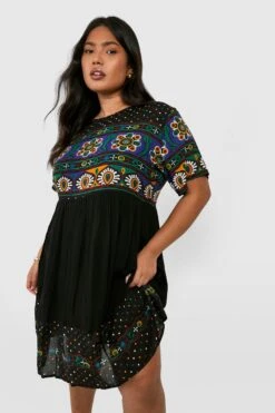 Grande Taille - Robe Babydoll à Imprimé Rétro