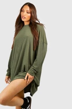Tall - Robe T-shirt Côtelée à Manches Longues -BOOHO Kleidung Magasin gzz41456 khaki xl 2
