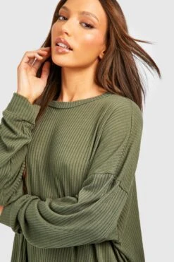 Tall - Robe T-shirt Côtelée à Manches Longues -BOOHO Kleidung Magasin gzz41456 khaki xl 3