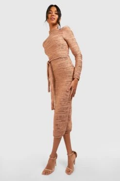 Robe Mi-longue Texturée à Ceinture -BOOHO Kleidung Magasin gzz41697 camel xl 2