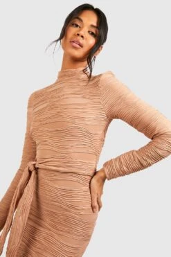 Robe Mi-longue Texturée à Ceinture -BOOHO Kleidung Magasin gzz41697 camel xl 3