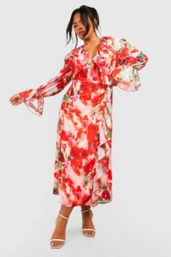 Grande Taille - Robe Portefeuille à Volants Et Imprimé Fleuri -BOOHO Kleidung Magasin gzz42546 pink xl 2