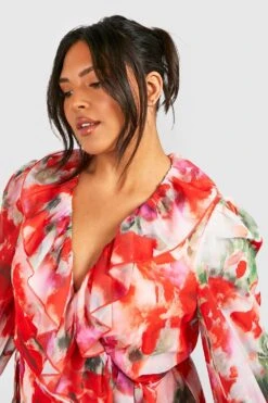 Grande Taille - Robe Portefeuille à Volants Et Imprimé Fleuri -BOOHO Kleidung Magasin gzz42546 pink xl 3