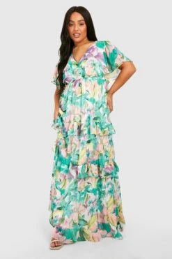 Grande Taille - Robe Longue Fleurie à Manches Volantées -BOOHO Kleidung Magasin gzz42549 green xl 2