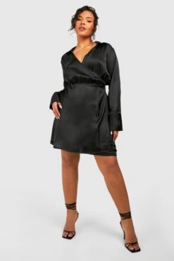 Grande Taille - Robe Portefeuille Satinée à Ceinture -BOOHO Kleidung Magasin gzz42561 black xl 2