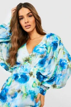 Robe Mi-longue Fleurie à Manches Tombantes -BOOHO Kleidung Magasin gzz42572 blue xl 3