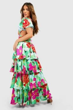 Robe Longue Imprimée Froncée à Découpes -BOOHO Kleidung Magasin gzz42598 green xl 1