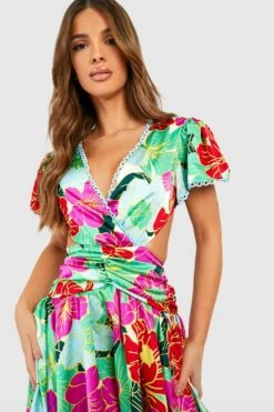 Robe Longue Imprimée Froncée à Découpes -BOOHO Kleidung Magasin gzz42598 green xl 3